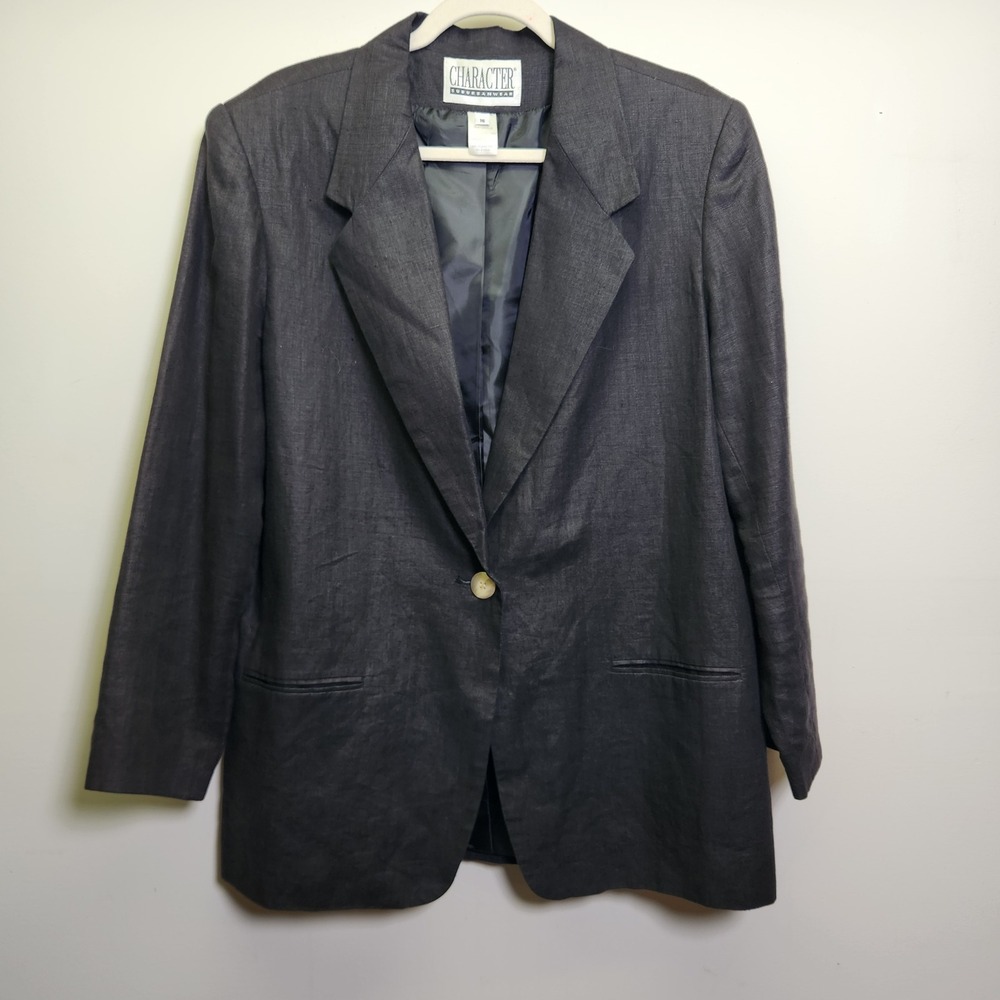 Vtg Character Women's Black 100% Linen Blazer Sz 16 Single Breast Lined